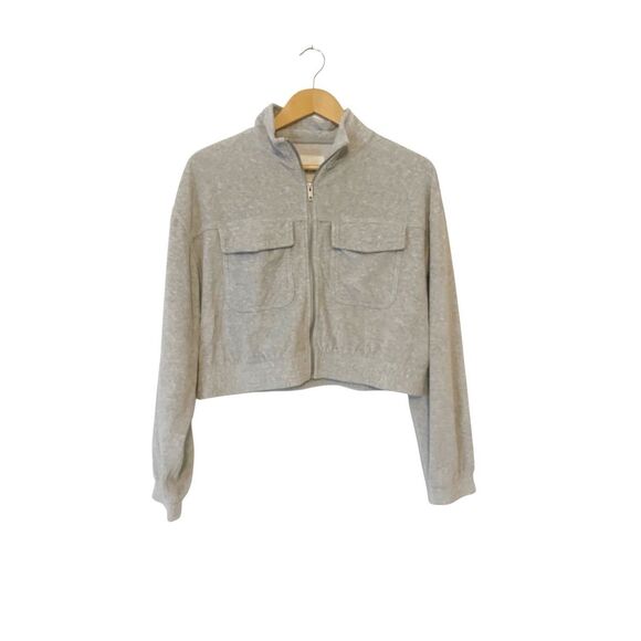 Aerie Gray Groove On Velour Ribbed Full Zip Cropped Sweatshirt Jacket Medium - Picture 1 of 4